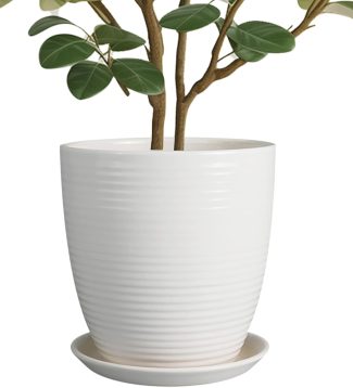 10 Inch Ceramic Planter With Drainage Hole and Saucer - Modern Round Flower Pot for Indoor Outdoor Plants - Large White Garden Planter
