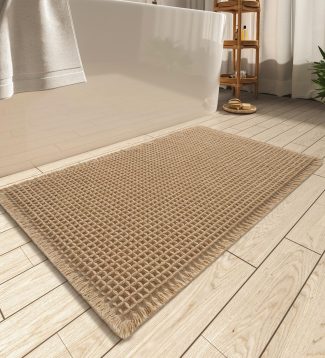 AMOAMI Upgraded Waffle Bath Mat, Super Absorbent Non Slip Bath Mats for Bathroom Floor, Machine Washable Bathroom Rugs with Tassels, Rubber Backed Bathroom Mats, Ultra Soft, 18" x 30", Brown