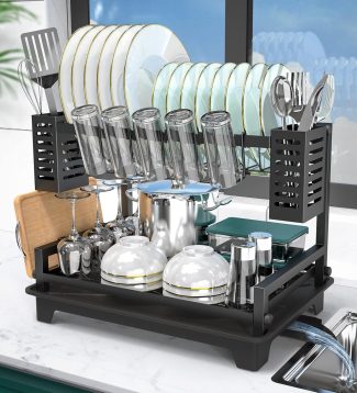 B-Land Dish Drying Rack: 2 Tier Dish Racks for Kitchen Counter and Sink - Large Dish Drying Rack with Drainboard & Utensil Holders - Stainless Steel Dish Drainers Kitchen Organization and Storage