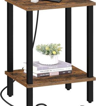 TUTOTAK End Table with Charging Station, Side Table with USB Ports and Outlets, Nightstand, 2-Tier Storage Shelf, Sofa Table for Small Space TB01BB040