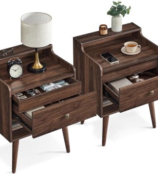 VASAGLE Nightstands, Set of 2, Bedside Tables with Hidden Drawers, Mid-Century End Side Tables with Solid Wood Legs, for Bedroom, Natural Walnut ULET624K01
