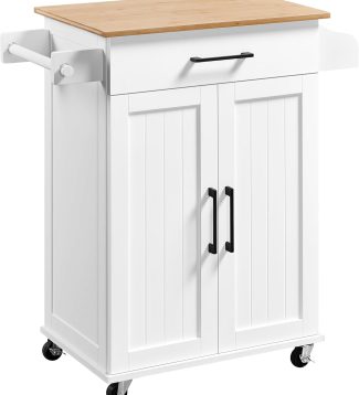 Yaheetech Kitchen Cart with Bamboo Tabletop, 32" Width Rolling Kitchen Island with Drawer and Adjustable Shelf, Storage Cabinet with Spice Rack Towel Bar for Dining Room Kitchen Living Room, White
